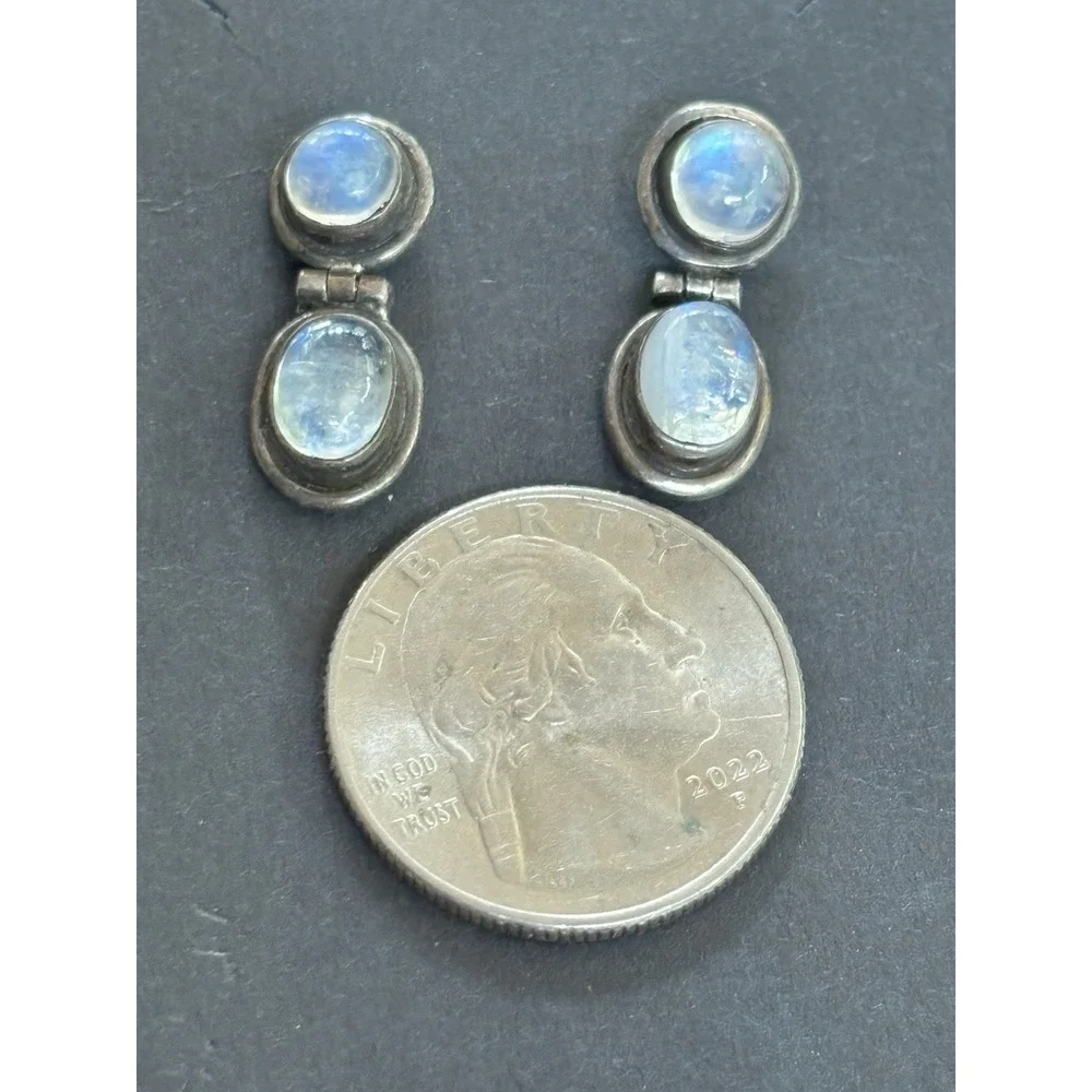 Vintage 925 Sterling Silver Rainbow Moonstone Drop Earrings Blue Flash - Picture 3 of 4